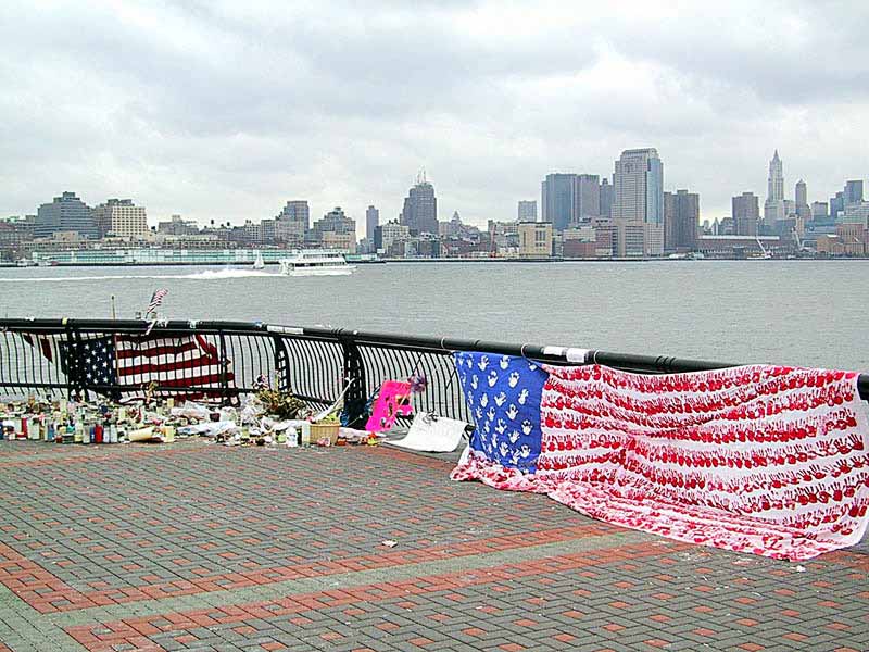 The Rome, Georgia flag hanging at a Hoboken waterfront shrine for 9/11 victims